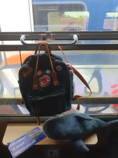kanken backpack hanging on the train window's handle