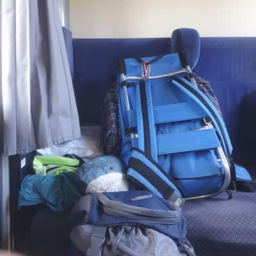 blahaj under a backpack in a train compartment